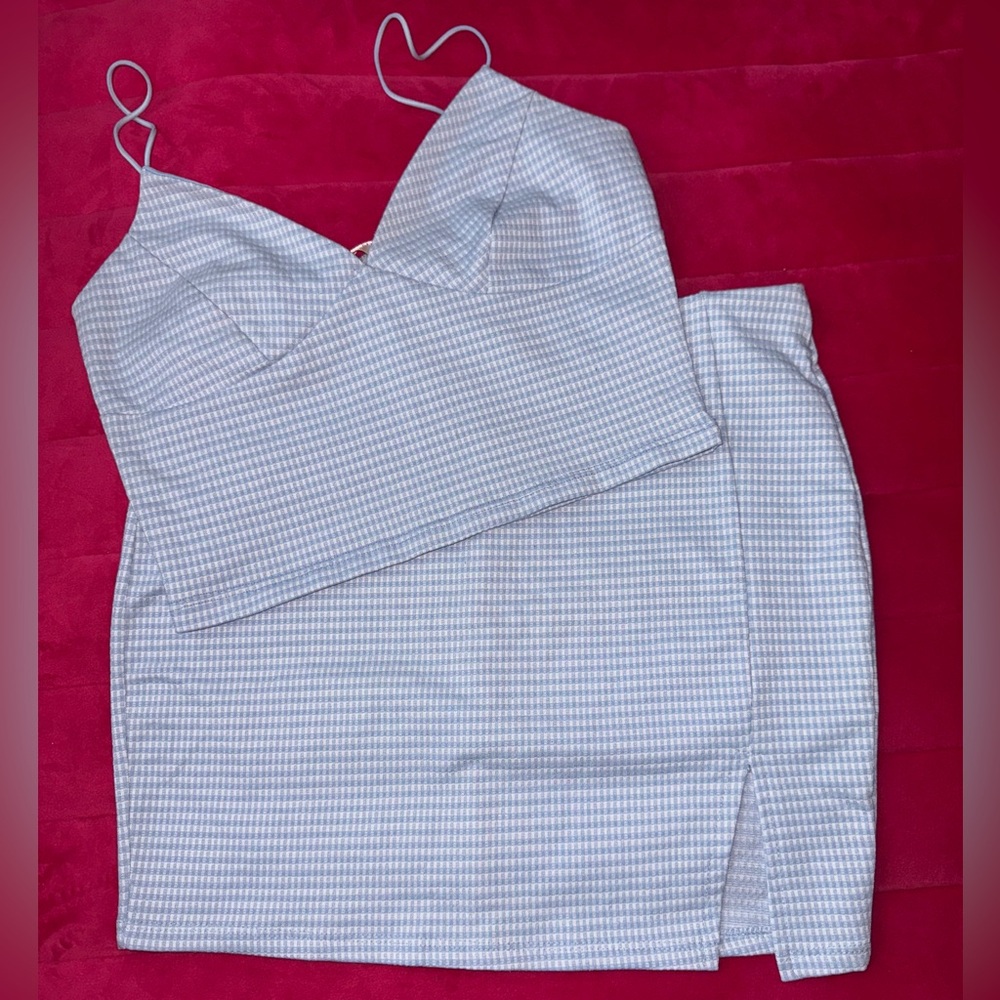 White and blue gingham two piece skirt set🩵🤍